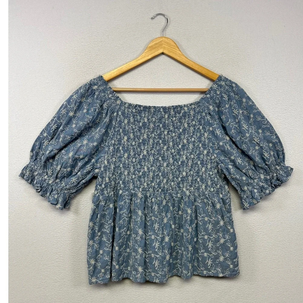Cottagecore Boho Old Navy Womens Large Blue Embroidered Smocked Puff Sleeve Top